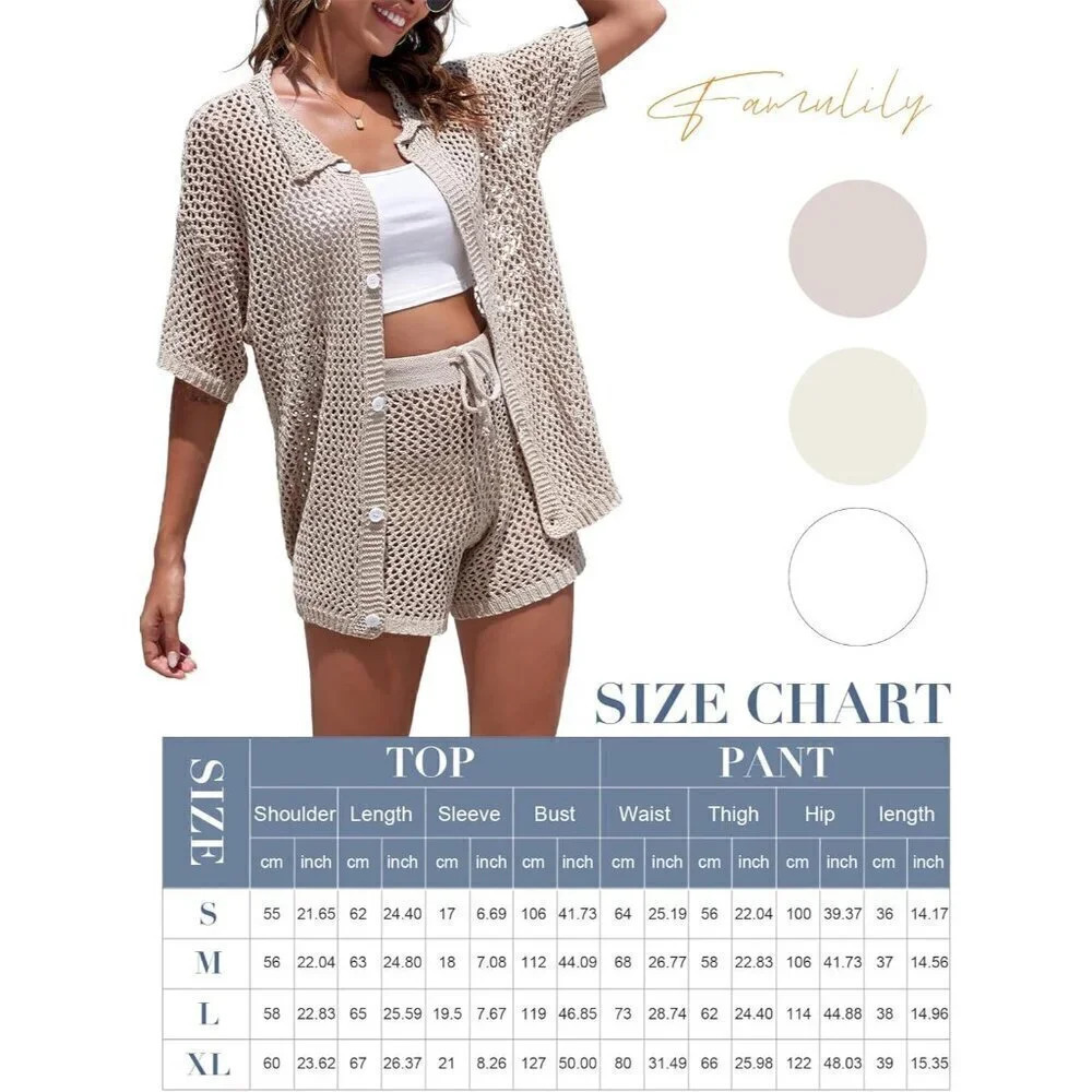 2 Piece Shorts Set for Women Sexy Hollow Out Swimsuit Cover Up Button Down Shirt - Picture 6 of 6